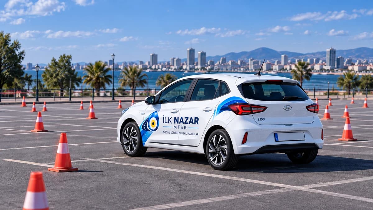 Konilerle düzenlenmiş alanda beyaz eğitim otomobili
